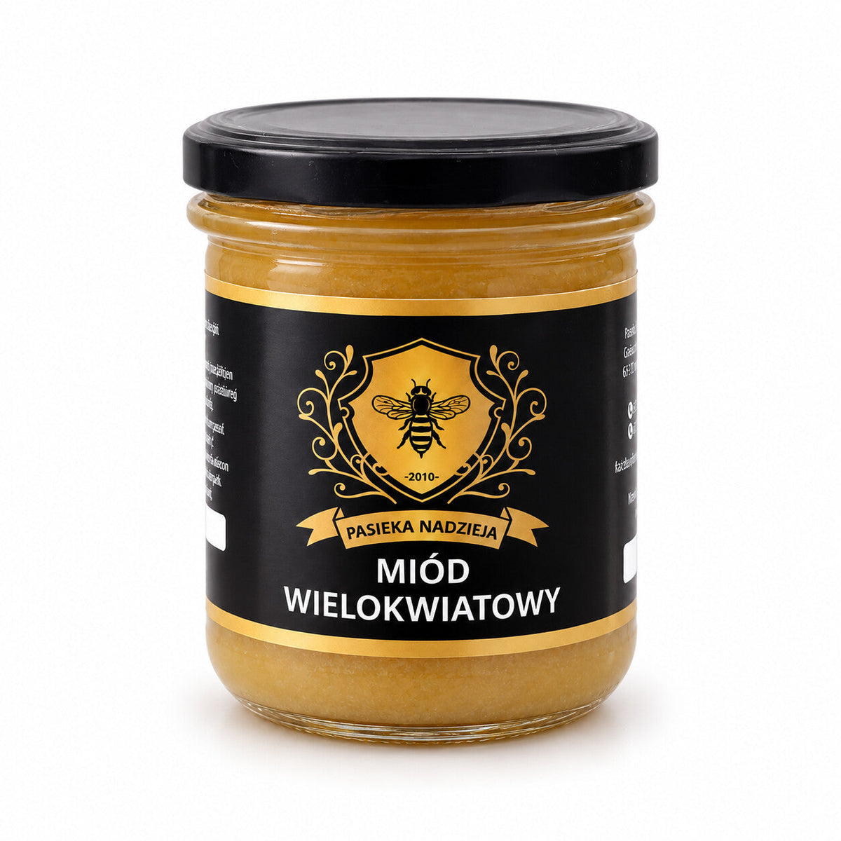 Miód wielokwiatowy, mały słoik 450 g z czarną zakrętką, bez dekoracji