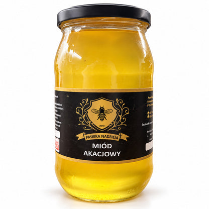 Miód akacjowy, duży słoik 1,1 kg z czarną zakrętką, bez dekoracji