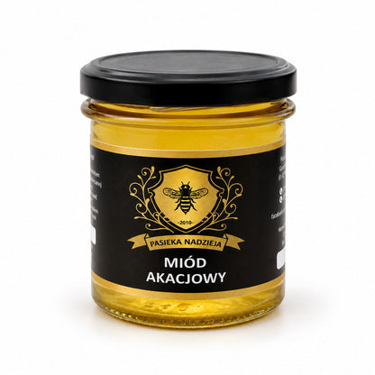 Miód akacjowy, mały słoik 450 g z czarną zakrętką, bez dekoracji