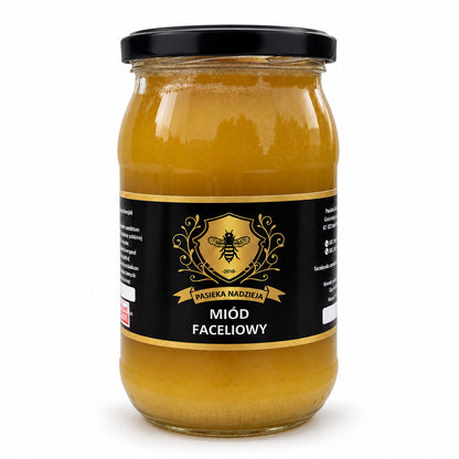 Miód faceliowy, duży słoik 1,1 kg z czarną zakrętką, bez dekoracji