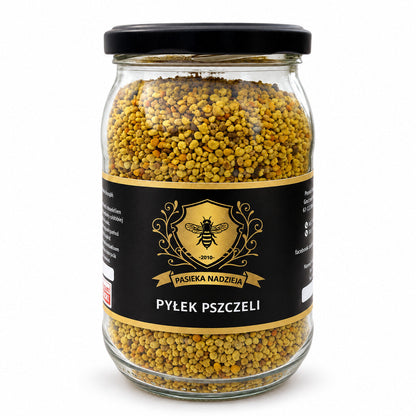 Pyłek pszczeli, duży słoik 500 g z czarną zakrętką, bez dekoracji