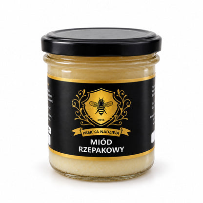 Miód rzepakowy, mały słoik 450 g z czarną zakrętką, bez dekoracji