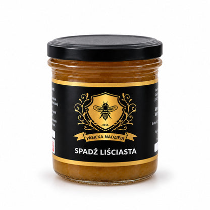 Spadź liściasta, mały słoik 450 g z czarną zakrętką, bez dekoracji