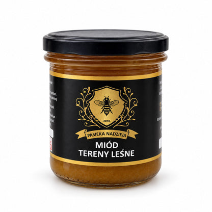 Miód tereny leśne, mały słoik 450 g z czarną zakrętką, bez dekoracji