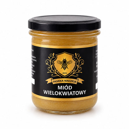 Miód wielokwiatowy, mały słoik 450 g z czarną zakrętką, bez dekoracji